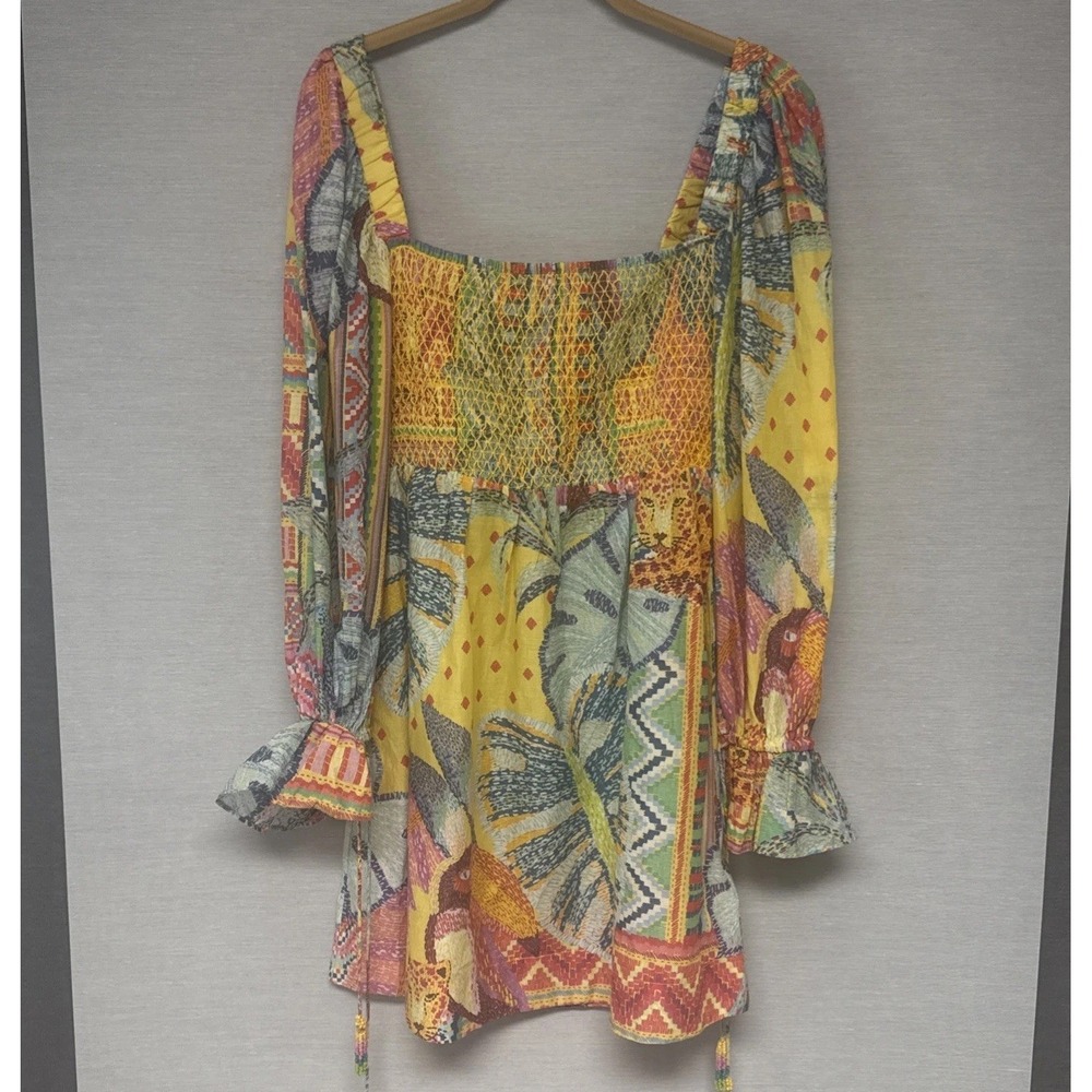 FARM RIO Colorful Summer Tapestry Smocked Mini Dress Sz S Square Neck NWT Cotton